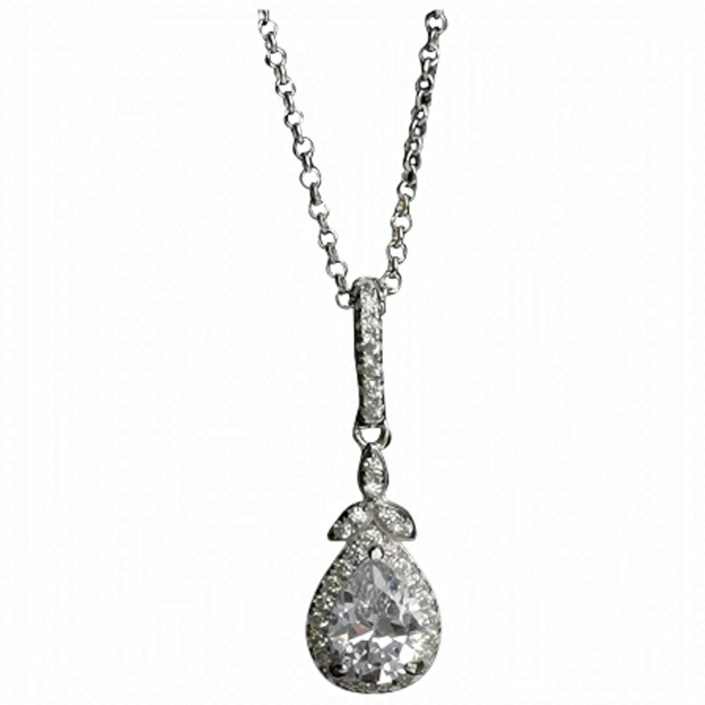 Sterling Silver Teardrop CZ Halo Pendant Necklace